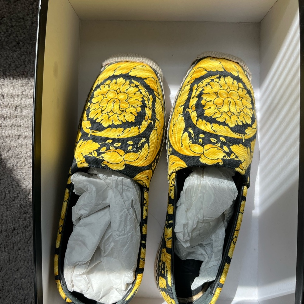 Versace Yellow and Black Baroque Espadrille Slippers
